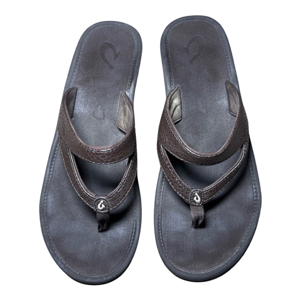 Olukai Auhele-Women’s Thong Wedge Leather Brown Sandal Size 7 chunky wedge